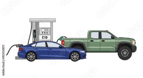 Cars Refueling at Gas Station Pump.
