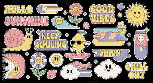 A vibrant collection of retro-inspired cartoon illustrations featuring cheerful suns, smiling flowers, a skateboarding lemon, and positive affirmations on a black background.