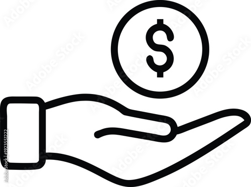 Line art icon of a hand holding a coin with a dollar sign