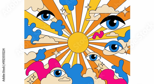 Psychedelic sunburst with eyes and clouds in vibrant retro colors.