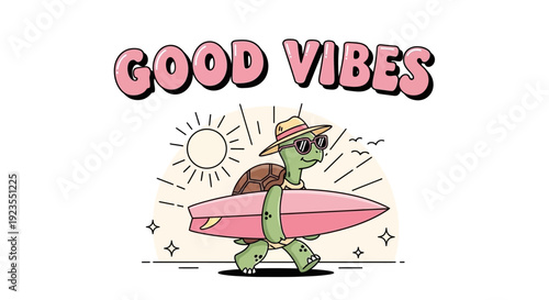 A cartoon turtle wearing a hat and sunglasses walks with a surfboard, embodying good vibes.
