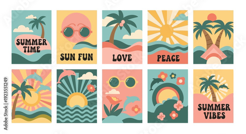 A collection of ten retro-style summer posters featuring beach scenes, palm trees, sun, and positive messages.