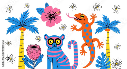 Vibrant illustration of a lemur, gecko, palm trees, and tropical flowers in a playful, colorful style.