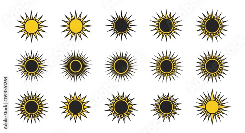 A collection of stylized sun icons with radiating rays and a dark central circle, presented in a grid layout.