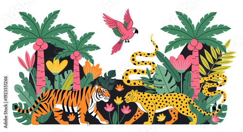 Vibrant jungle scene with a tiger, leopard, snake, and parrot amidst lush tropical foliage and colorful flowers.