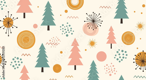 A whimsical and retro-inspired seamless pattern featuring stylized Christmas trees and abstract festive elements.
