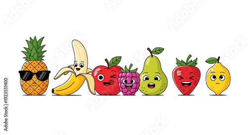 A vibrant and whimsical illustration featuring a line-up of anthropomorphic fruits, each with unique facial expressions and personalities, against a clean white background.