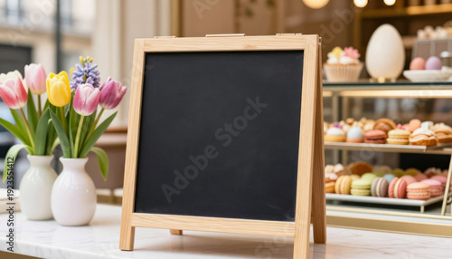 Black display chalkboard with a wooden frame standing on a counter in a cafe. Menu board with flowers and pastry display, modern design for restaurant.