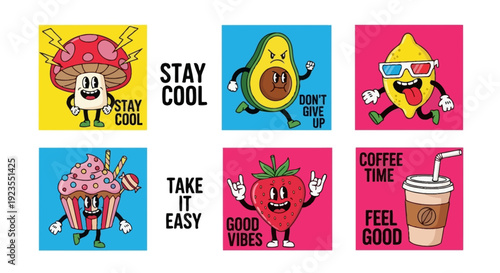 A collection of six vibrant square illustrations featuring anthropomorphic cartoon fruits and food items with motivational phrases.