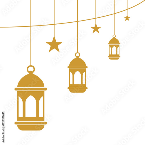 Golden Islamic Lantern and Star Border Flat Design Ramadan and Eid Mubarak Frame.	