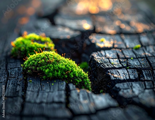 Vibrant green moss defiantly sprouts from dark, charred wood, illustrating nature's persistent rebirth and the powerful resilience of life amidst the remnants of destruction