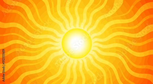 A vibrant, stylized illustration of a bright yellow sun with radiating orange and yellow wavy lines against a warm orange background.
