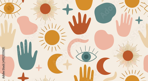 Bohemian seamless pattern with celestial elements like suns, moons, eyes, and hands in warm earthy tones.