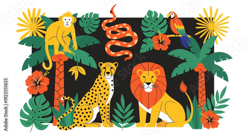 A vibrant jungle scene featuring a lion, cheetah, monkey, snake, and parrot amidst lush tropical foliage and flowers.