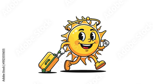 A cheerful cartoon sun character with a halo and sunglasses is happily pulling a yellow suitcase while walking.