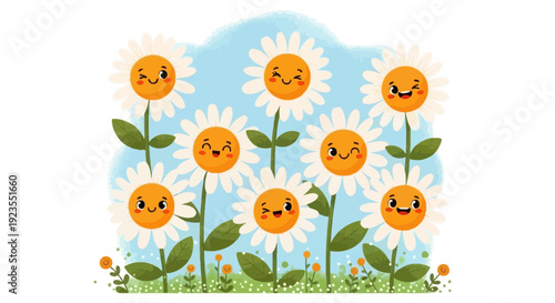 A cheerful group of cartoon daisies with expressive faces blooming under a bright blue sky.