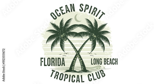 Vintage "Ocean Spirit Florida Long Beach Tropical Club" graphic featuring crossed palm trees under a crescent moon and birds.