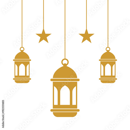 Golden Islamic Lantern and Star Border Flat Design Ramadan and Eid Mubarak Frame.	