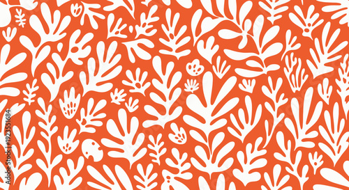 A vibrant orange background adorned with a repeating pattern of white stylized botanical elements and leaves.