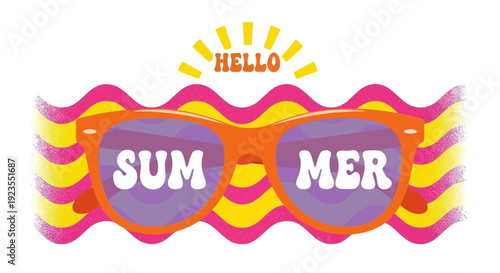 Bright orange sunglasses with "SUMMER" written on the lenses, set against a wavy pink and yellow background with a "HELLO" sunburst above.