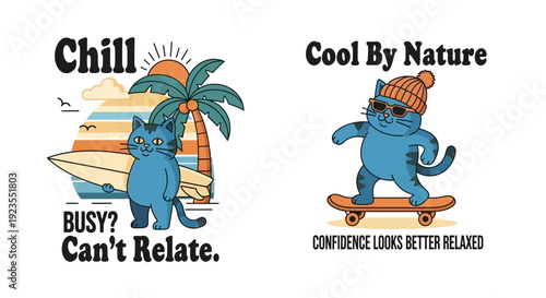 Two cartoon cats with a summer vibe, one holding a surfboard and the other on a skateboard, embodying a relaxed and cool attitude.