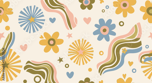A whimsical and retro-inspired seamless pattern featuring stylized flowers, wavy lines, and hearts in a muted color palette.