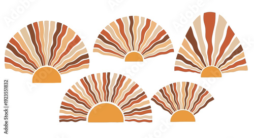 A collection of five abstract fan-shaped illustrations with wavy lines in earthy tones, representing a bohemian aesthetic.