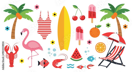 A vibrant collection of summer-themed illustrations including palm trees, a flamingo, a surfboard, swimwear, and refreshing treats.