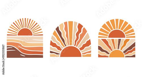 Three abstract bohemian sunset designs featuring warm earth tones and geometric sunbursts over stylized landscapes.