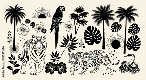 A striking black and white illustration featuring a tiger, leopard, parrot, snake, palm trees, and tropical foliage, evoking a wild jungle theme.
