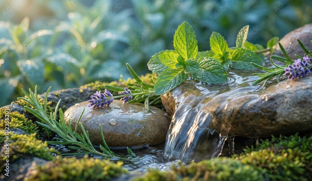Obraz premium Close up of natural herbs and clear water flowing over rocks in sunlight, symbolizing holistic health and balance