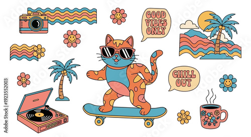 Groovy cat wearing sunglasses riding a skateboard with retro elements like a camera and record player, evoking a chill vibe.