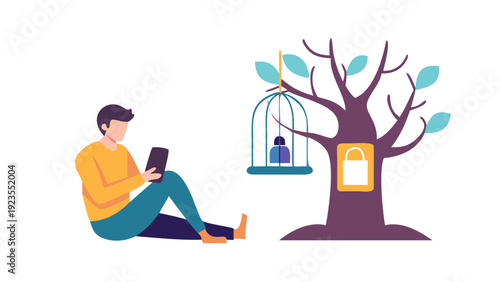Minimalist vector of a person sitting under a tree reading a physical book, with a smartphone "locked" in a cage icon nearby, peaceful colors.