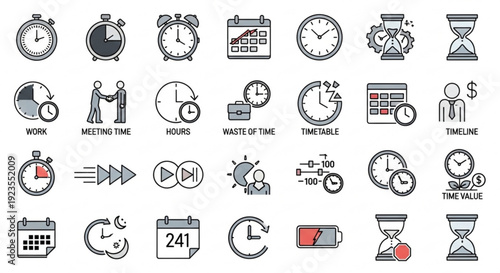 Collection of time management icons including clocks calendars and hourglasses for business and productivity concepts