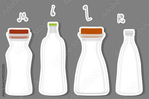 Big set different types chilled milk in bottles various size