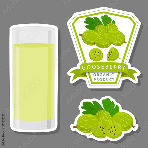 big set different types juice gooseberry in glass cup