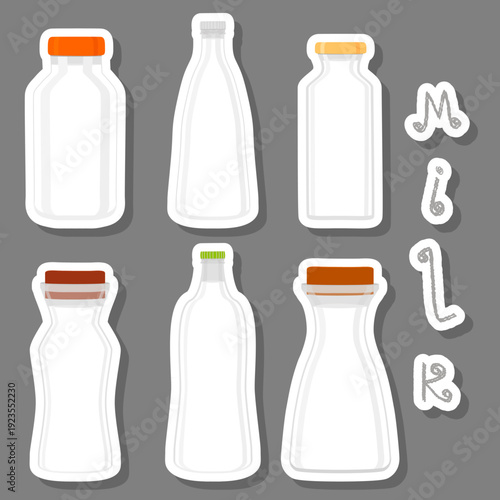 Big set different types chilled milk in bottles various size