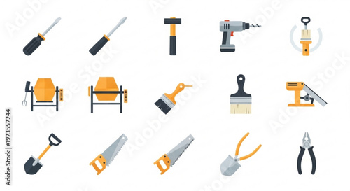 Collection of various construction and diy tools on white background for repair and building projects