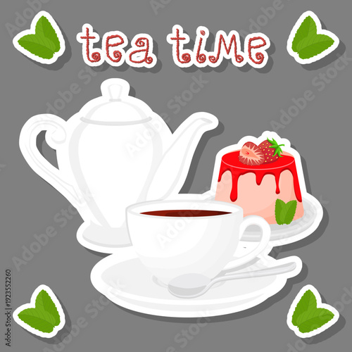 Teakettle for tasty tea with sweet dessert cheesecake