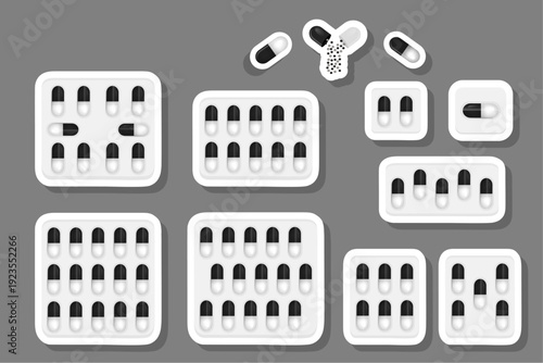 Big colored set different types of pills inside close blister