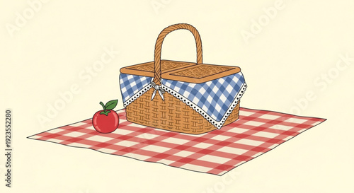 Wicker picnic basket with blue gingham cloth on red checkered blanket and fresh apple outdoors