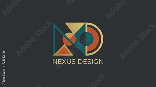 An innovative logo design combining geometric shapes and vibrant colors, evoking a sense of connection and creativity in a sophisticated visual representation for Nexus Design.