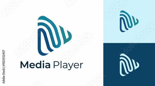 This dynamic logo design for a media player features fluid lines and a play symbol, representing innovation and modern entertainment technology in striking colors.