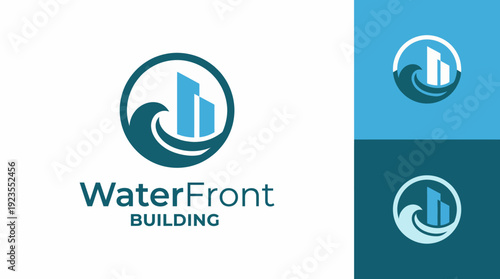 This logo creatively integrates a wavy design with building imagery, symbolizing waterfront properties and ideal for real estate companies in desirable scenic locations.