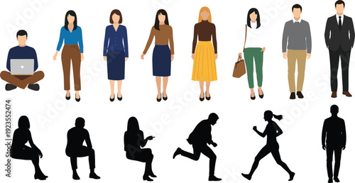 Vector collection of flat business people characters and black silhouettes in various poses including sitting running walking and working on laptop isolated on white
