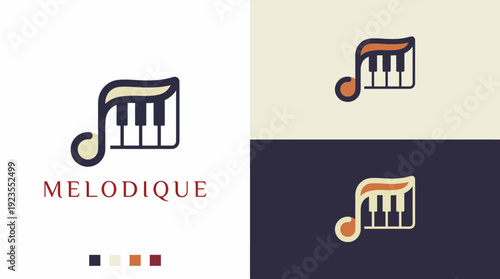 The logo features a music note intertwined with piano keys, showcasing a harmonious blend of music elements that highlights creativity and passion for melodic art.