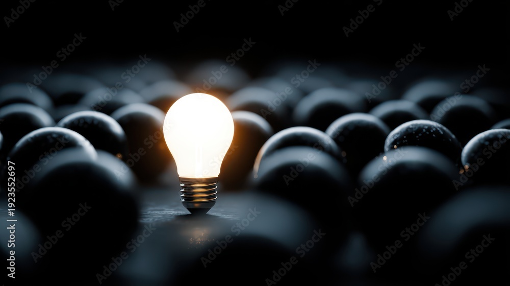Obraz premium A Bright Light Bulb Surrounded by Dark Balls Representing Ideas, Creativity, and Innovation in a Unique Conceptual Composition