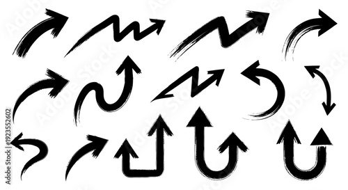 A collection of hand-drawn black arrows with various styles and directions on a white background.
