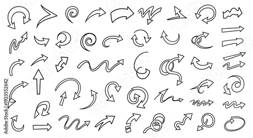 A comprehensive collection of hand-drawn arrow icons in various styles and directions, perfect for graphic design and user interface elements.