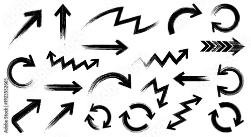 A collection of various black arrow icons with a brush stroke effect, indicating direction and movement.